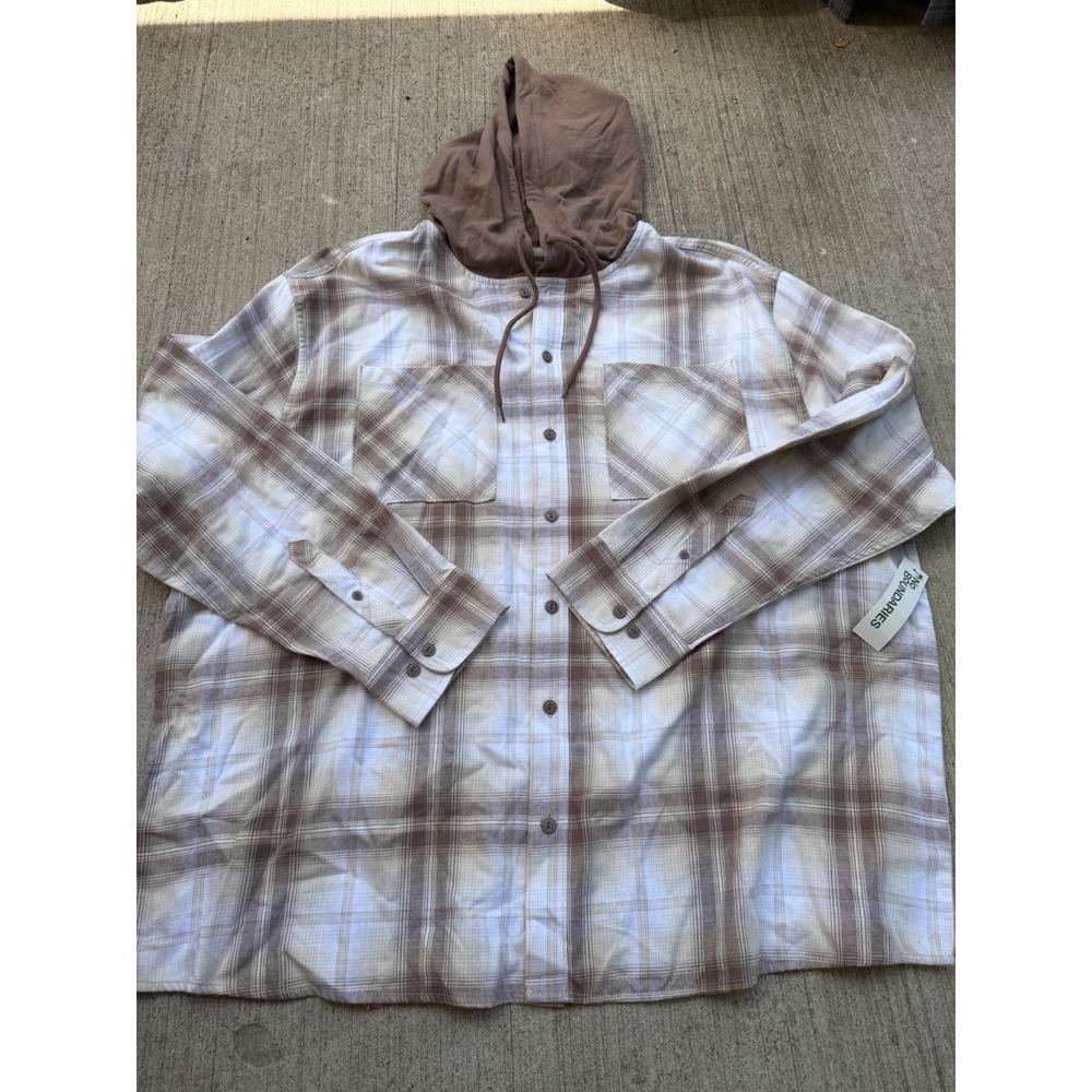 No Boundaries Mens 3XL Plaid Hooded Flannel Shirt Brown Cream Oversized Fit NWT